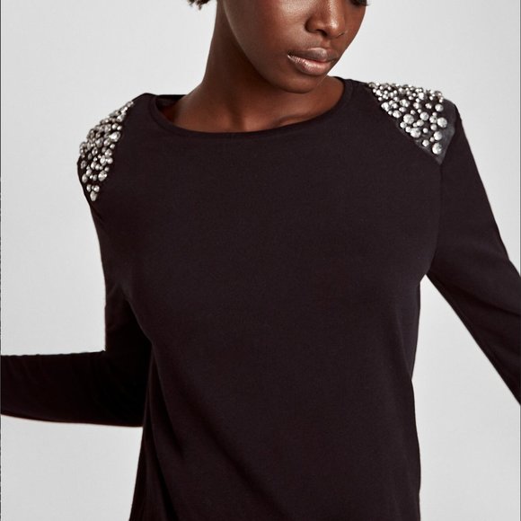 ZARA - Jeweled Embellished Padded Shoulders T-Shirt - Picture 4 of 9